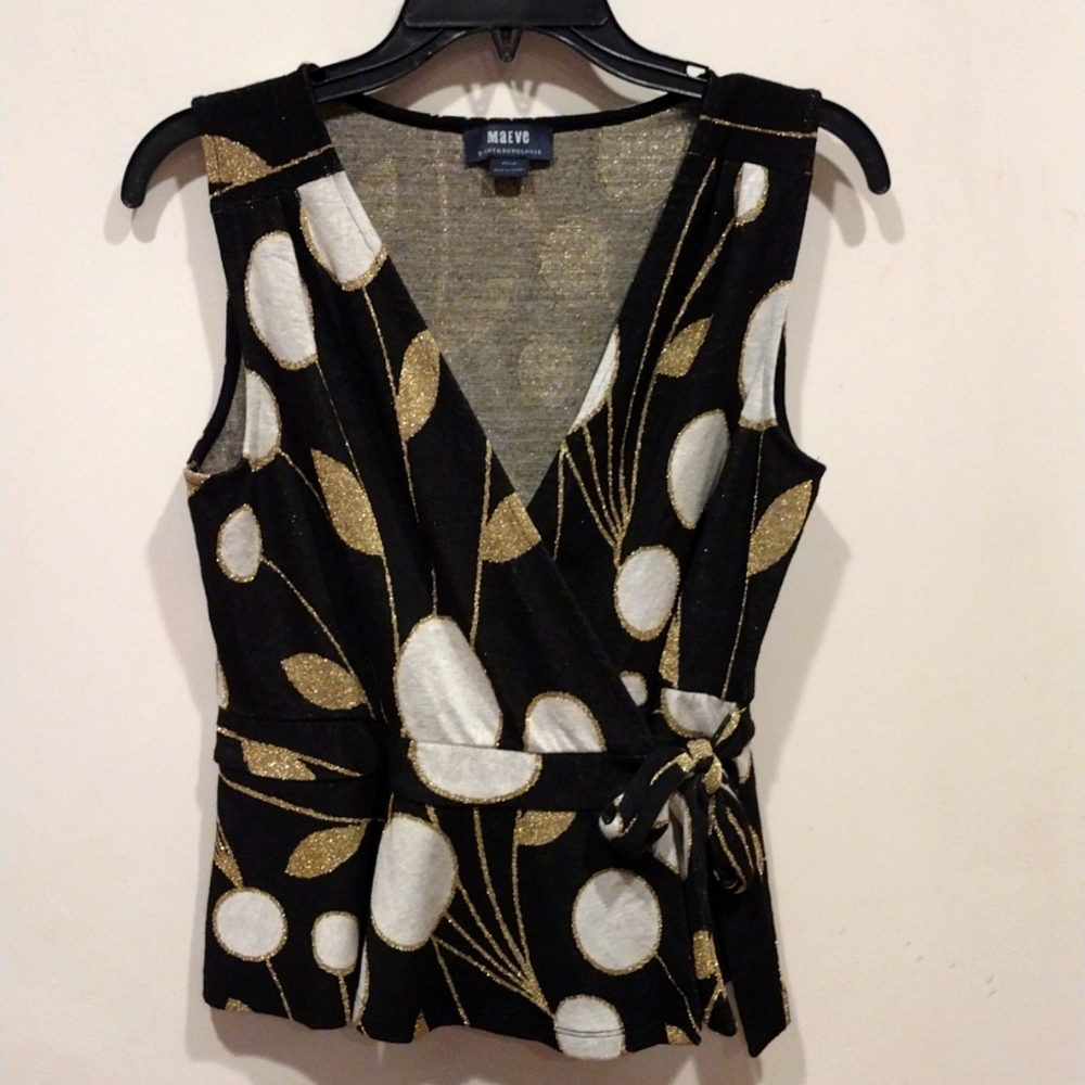 Maeve Anthropologie Craspedia Size Medium Black Gold Sleeveless Peplum Wrap Top